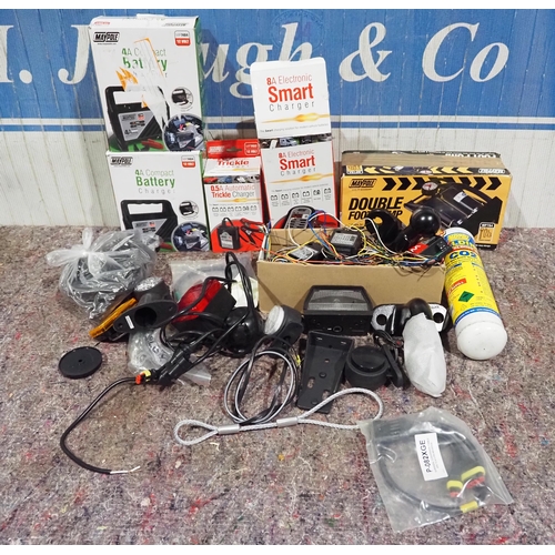 393 - Large quantity of electrics, battery chargers, foot pump and welding gas etc.