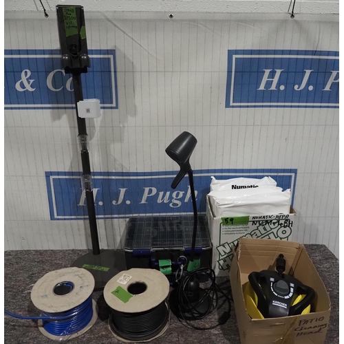 688 - Dyson V11 vacuum stand, 2 service cases, 50m and 100m cable reel, vacuum bags, lights and patio clea... 