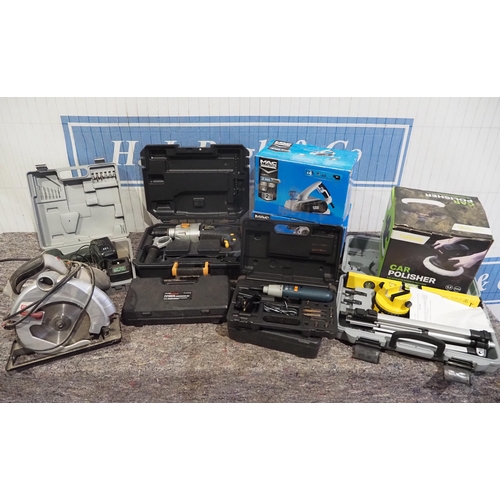 708 - Assorted power tools to include drills, sanders and car polisher etc.