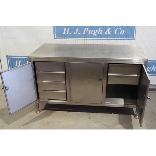 716 - Stainless steel workshop bench with cupboards and drawers. Keys in office 59