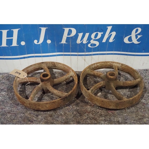 759 - Pair of cast iron stationary engine trolley wheels