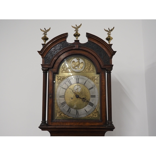 60 - Georgian oak longcase clock with fluted columns, brass dial and ornate decorations, 8 day movement. ... 