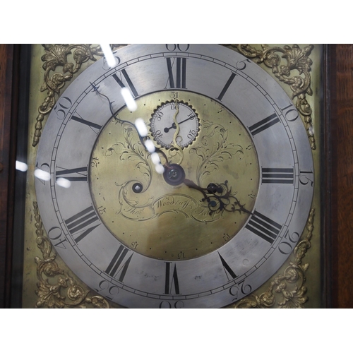 60 - Georgian oak longcase clock with fluted columns, brass dial and ornate decorations, 8 day movement. ... 