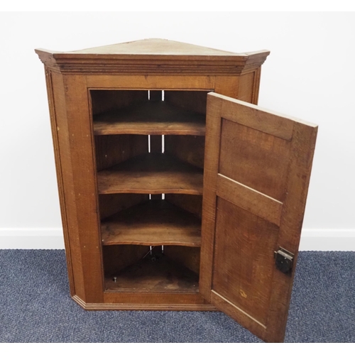 59 - Oak and elm hanging corner cabinet with 3 shelves, lock and key 42½