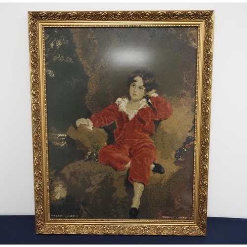 96 - Needle point tapestry - The Red Boy Master Lambton.  Sir Thomas Lawrence 27” x 20½” framed and glaze... 