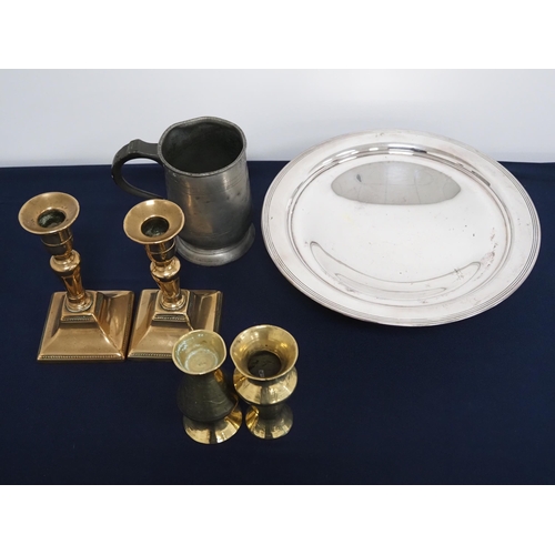 116 - Quantity of assorted metalware to include plated fruit dish, tankard and candlesticks