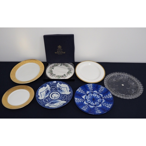 149 - Quantity of Royal Worcester china, blue and white plates and glass cake stand