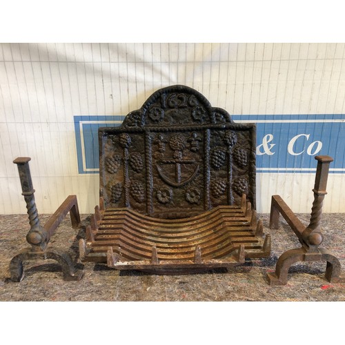 887A - Cast iron fireback, dogs and grate