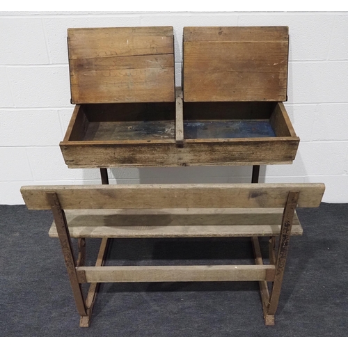 14 - Old English wooden double school desk with folding seat