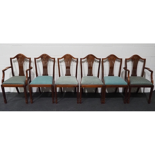 71 - Set of 6 mahogany shield back dining chairs with wheatsheaf decorations