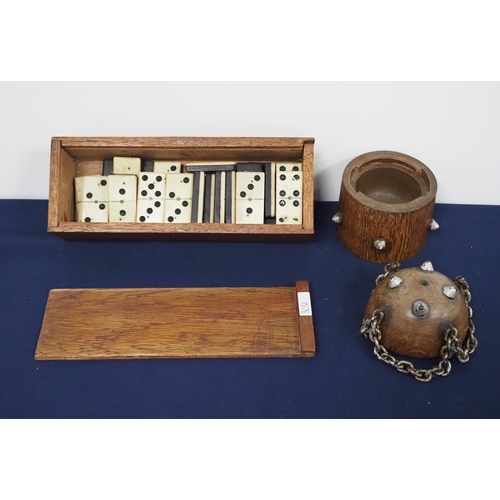 132 - Vintage dominoes in wooden box and small wooden pot