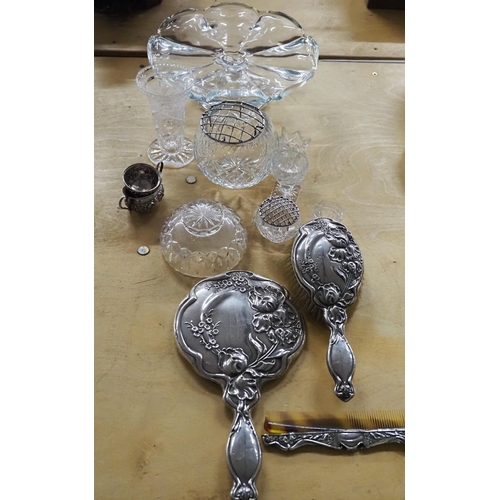 128 - Silver backed hand mirror, brush and comb and assorted glass ware