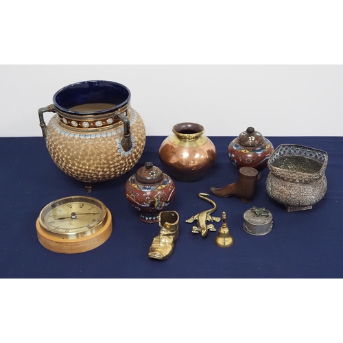 130 - Royal Doulton Jardiniere vase, clock, other metal pots and brass mould