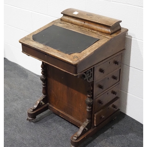 158 - Small Victorian davenport in mahogany and walnut with leather top, ink well, drawers and dummy drawe... 