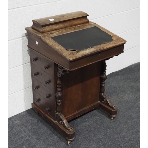 158 - Small Victorian davenport in mahogany and walnut with leather top, ink well, drawers and dummy drawe... 