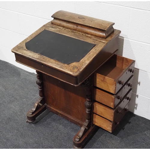 158 - Small Victorian davenport in mahogany and walnut with leather top, ink well, drawers and dummy drawe... 