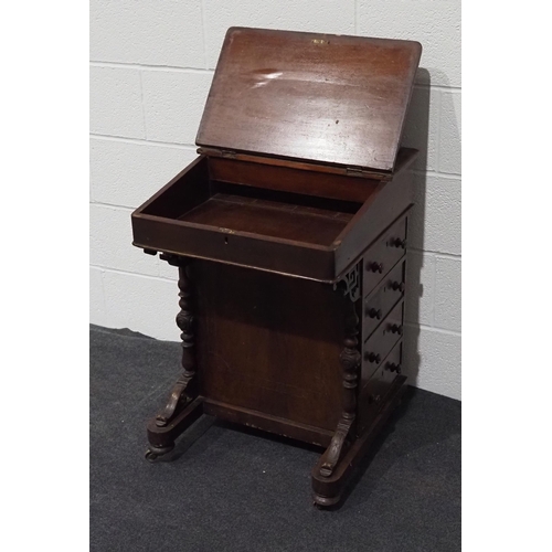 158 - Small Victorian davenport in mahogany and walnut with leather top, ink well, drawers and dummy drawe... 