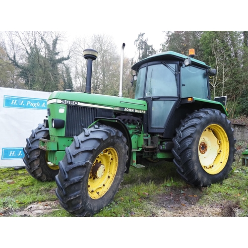 479 - John Deere 3650 tractor. 1991. Runs and drives. Fitted with underslung front weights. Reg J485 WVW