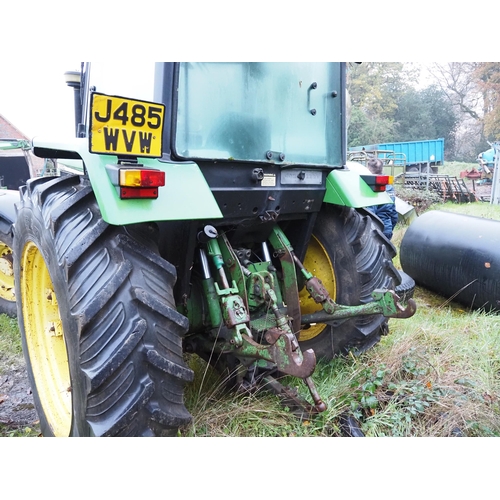 479 - John Deere 3650 tractor. 1991. Runs and drives. Fitted with underslung front weights. Reg J485 WVW