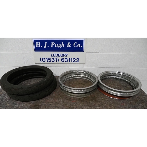 Assorted motorcycle rims and tyres to include Dunlop