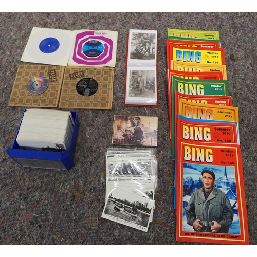 147 - Bing Crosby vinyl singles, Bing magazine and assorted vintage postcards