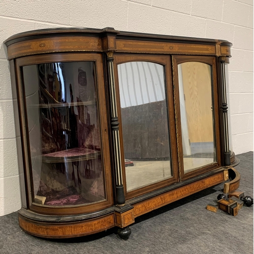 247 - Victorian Burr walnut credenza with mirrors, velvet lined shelves, fluted columns, inlaid with satin... 