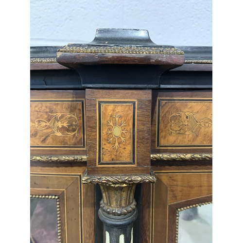 247 - Victorian Burr walnut credenza with mirrors, velvet lined shelves, fluted columns, inlaid with satin... 