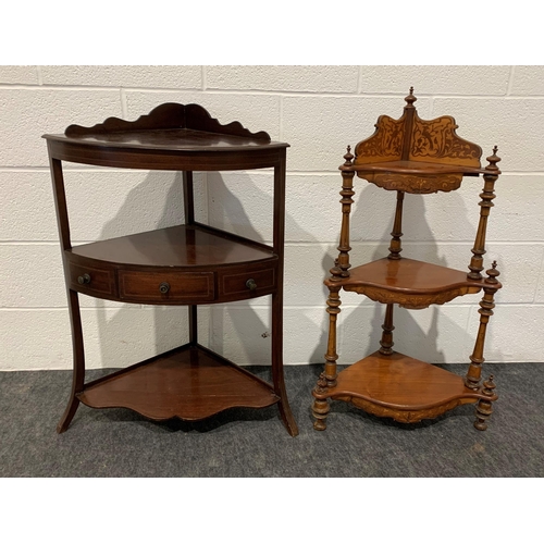 254 - Mahogany corner washstand with drawers and walnut whatnot on turned supports