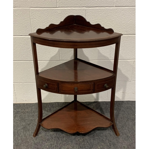 254 - Mahogany corner washstand with drawers and walnut whatnot on turned supports