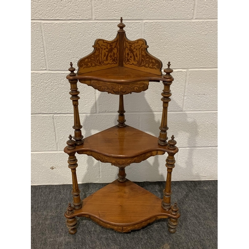 254 - Mahogany corner washstand with drawers and walnut whatnot on turned supports