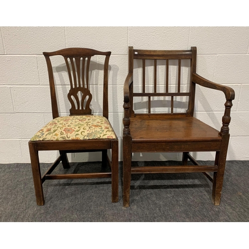 256 - Oak carver chair and Chippendale style oak dining chair with upholstered seat