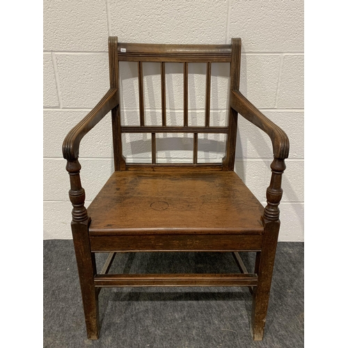 256 - Oak carver chair and Chippendale style oak dining chair with upholstered seat