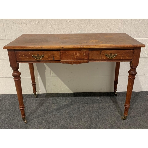 262 - Pine desk with 2 drawers on brass casters and 2 small oak occasional tables