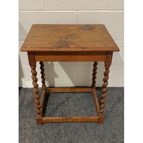 262 - Pine desk with 2 drawers on brass casters and 2 small oak occasional tables