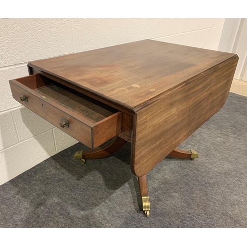 264 - Oak drop leaf table with 1 drawer, 1 false drawer on pedestal base with brass casters 38