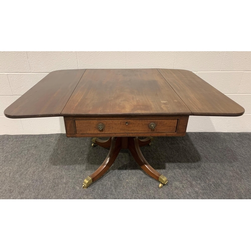 264 - Oak drop leaf table with 1 drawer, 1 false drawer on pedestal base with brass casters 38