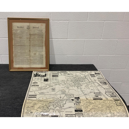 164 - Hereford Journal article, framed and Manderley map of Leominster and Kington 1820.