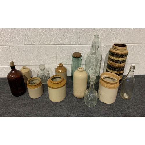 167 - Quantity of stoneware jars and glass bottles