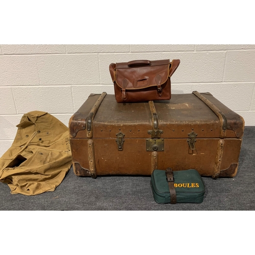 176 - C.H Holmes & Son trunk, canvas bag, leather bag and boules set