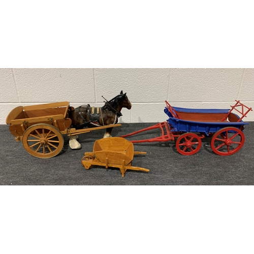 178 - Model horse, horse drawn cart and wheelbarrow
