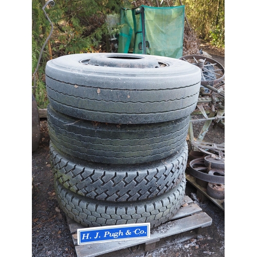 158 - 295/80-R22.5 Dunlop wheels and tyres suitable for farm trailer.