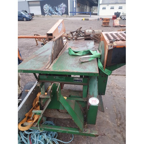 310 - Posch logging saw bench. PTO driven with peeler attachment  and spare blades/tungsten saw blade