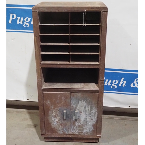 670 - Vintage industrial metal pigeon hole cabinet with shelves and cupboard 49 x 22 x 16