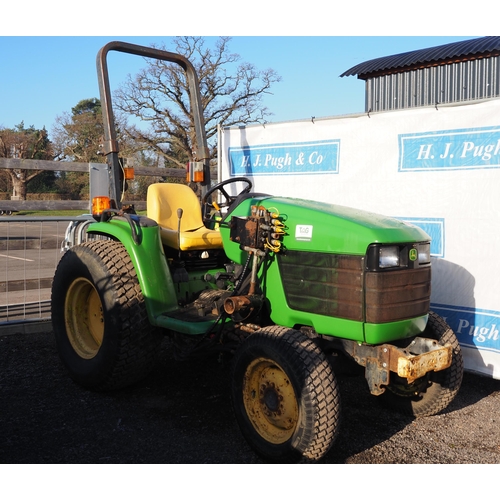 1399 - John Deere compact tractor. Runs and drives. Reg. Y446 DRR. Keys in office