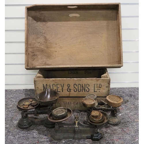 9 - Vintage scales, weights and wooden butlers tray