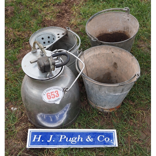 653 - Galvanised buckets and milk bucket