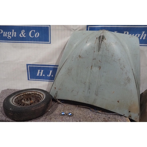 131 - Morris Minor bonnet, MG spoked wheel and BMW wheel badges