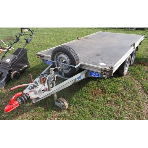 228 - Ifor Williams flat bed trailer 10ft. Manual and keys in office