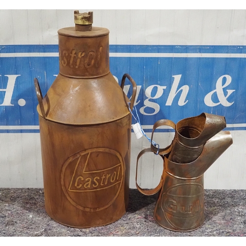 489 - Modern fuel can with Castrol logo and 2 oil pourers with Gulf logo