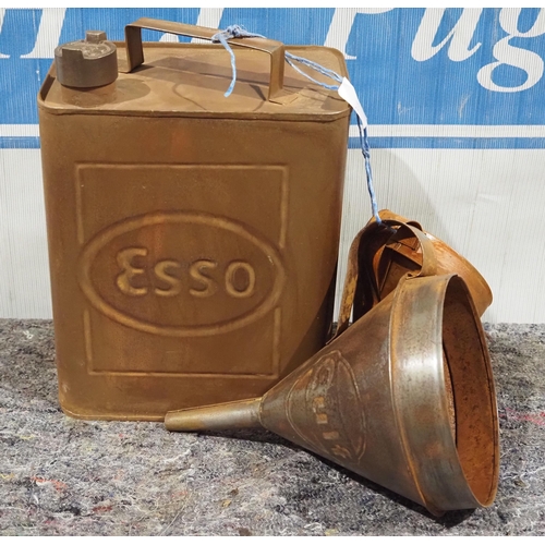 492 - Modern fuel can and oil funnels with Esso and Gulf logo